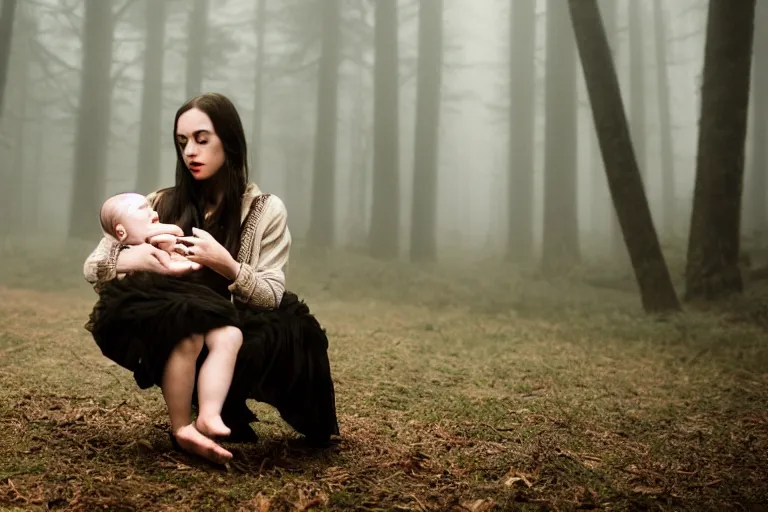 Image similar to a cinematic photo of a young woman with dark hair holds a baby in a dark, foggy forest, closeup, masterpiece