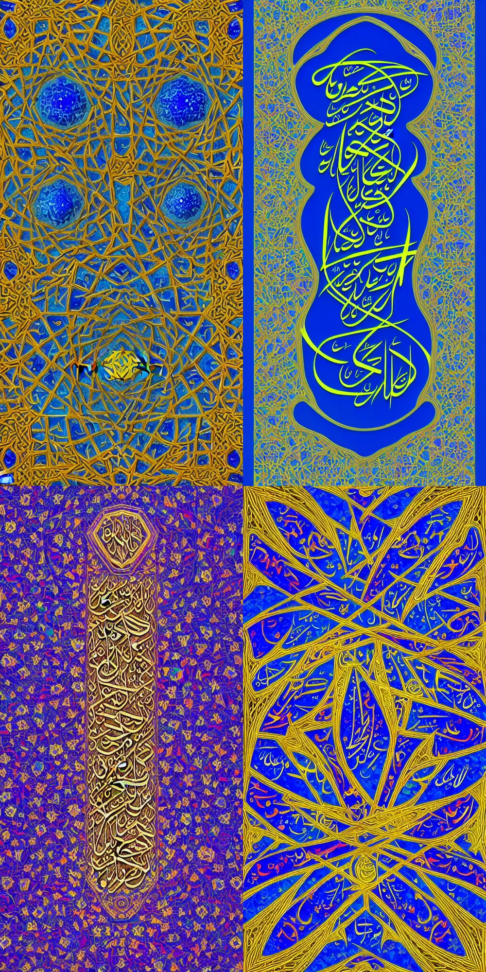 Prompt: maximalist, surrealist, islamic art, islamic calligraphy, 8 k, abstract, 3 d render, glossy, shiny, lapis lazuli gradients, negative space, proportional, inner ear, vector image