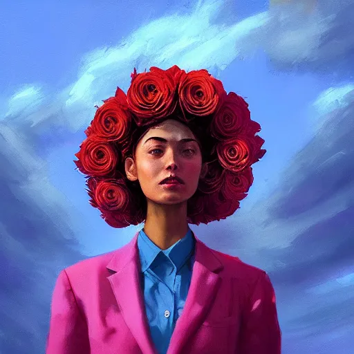 Prompt: closeup, huge rose flower head, portrait, girl in a suit, surreal photography, sunrise, blue sky, dramatic light, impressionist painting, digital painting, artstation, simon stalenhag