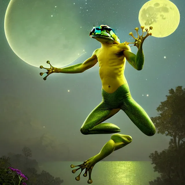 Prompt: a frog! with green muscular body, wear! yellow sleeveless shirt and black sport shorts, jumps to the sky and stars, cosmos, moon, by mucha and caspar david friedrich, atmospheric lighting, intricate detail, cgsociety, hyperrealistic, octane render, rpg portrait, ambient light, dynamic lighting