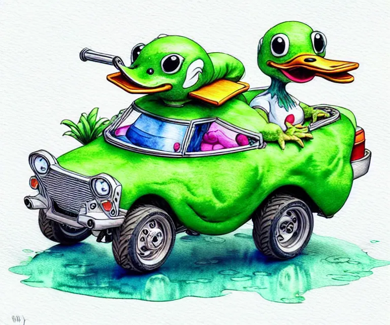 Prompt: cute and funny, duck riding in a tiny amphibious vehicle, ratfink style by ed roth, centered award winning watercolor pen illustration, isometric illustration by chihiro iwasaki, edited by craola, tiny details by artgerm and watercolor girl, symmetrically isometrically centered