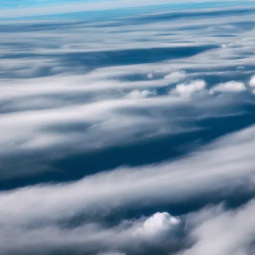 Image similar to birds - eye view of a flying battleship surrounded by clouds.