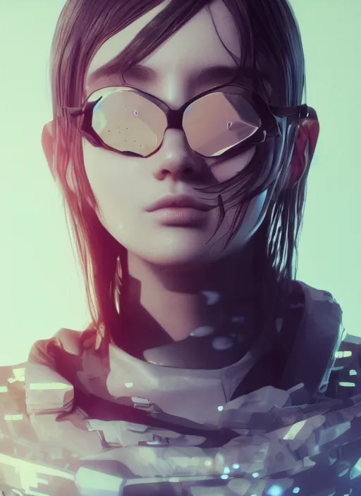 Image similar to Calm AI-girl's face. Very strong glitches on the monitor. Dark colors, black background, concept art, masterpiece, octane render, glitchcore, glitches, 8k, portrait render, artstation