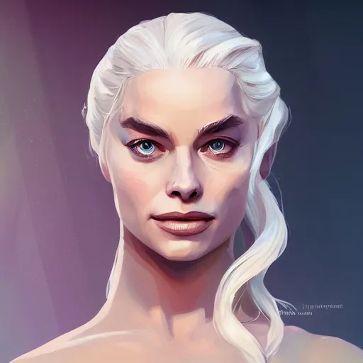 Image similar to Portrait of Margot Robbie as Queen Daenerys Targaryen, mattepainting concept Blizzard pixar maya engine on stylized background splash comics global illumination lighting artstation lois van baarle, ilya kuvshinov, rossdraws