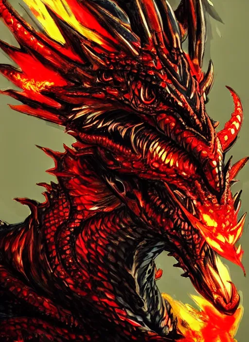 Image similar to A dragon with ornate red and gold scales, blue eyes, breathing fire. In style of Yoji Shinkawa and Hyung-tae Kim, trending on ArtStation, dark fantasy, great composition, concept art, highly detailed.
