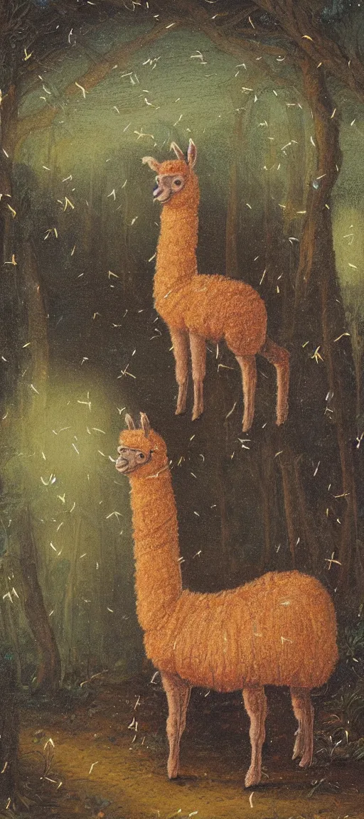 Prompt: detailed medieval oil painting of an alpaca in the forest of pastel feathers lit by small fireflies at night