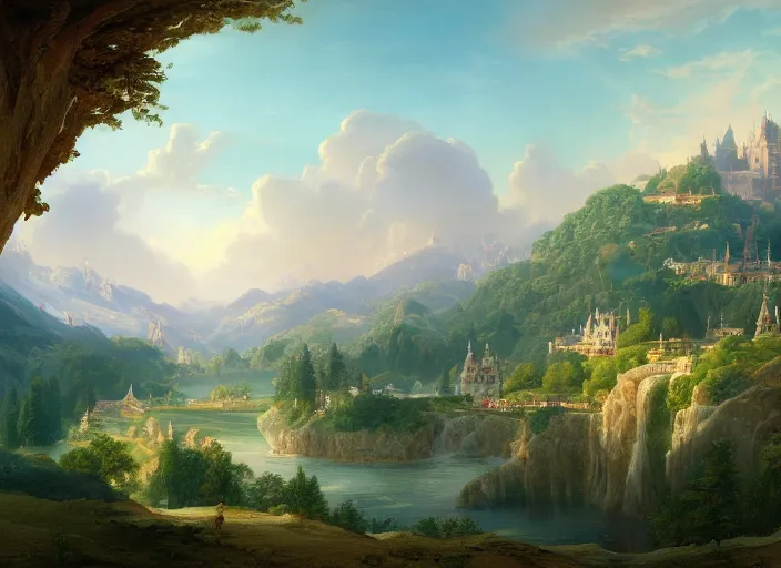 Prompt: a scenic view of a magical land of castles in the sky, by asher brown durand, matte painting trending on artstation HQ
