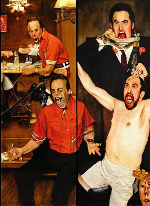 Image similar to full body and head portrait of nicholas cage screaming about crazy evil in a restaurant and being restrained by the manager, painted by norman rockwell and tom lovell and frank schoonover