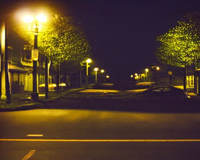 Prompt: suburban english street at night, 2006, yellow street lights, cars parked, amateur, flickr