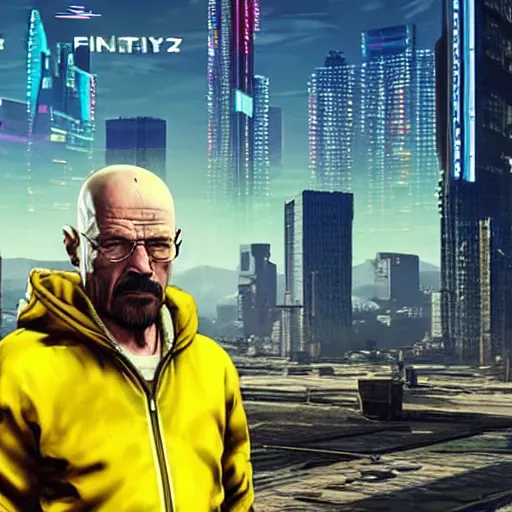 Image similar to walter white from breaking bad in cyberpunk 2 0 7 7 with futuristic city, 4 k, hyper realistic, synthwave, vapor wave, futuristic, advanced