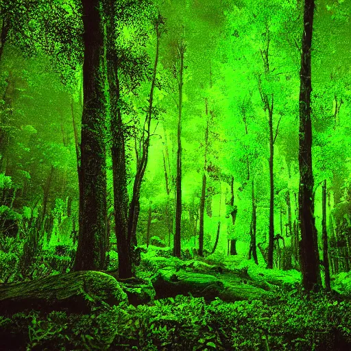 Prompt: a detailed photography of a forest in blacklight