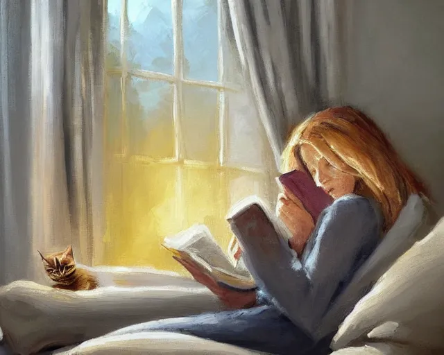 Prompt: a beautiful warm fuzzy painting of a woman curled up with a blanket reading a good book next to her friendly cat who is purring with eyes closed. they are both sitting next to a window as the sun sets in winter, by eric wallis, trending on artstation, concept art, lofi, digital illustration