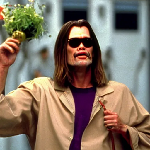 Prompt: jim carrey as the dude as the big lebowski, movie still