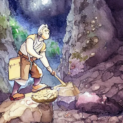 Image similar to dwarf mining for gold in a sparkling dark cave, from studio ghibli, watercolor illustration for a book, proportions, legs of the hand