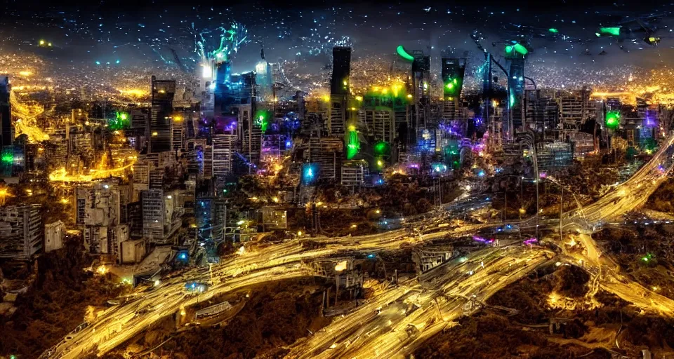 Prompt: alien invasion to santiago de chile, lights, high detail, cyberpunk, dream