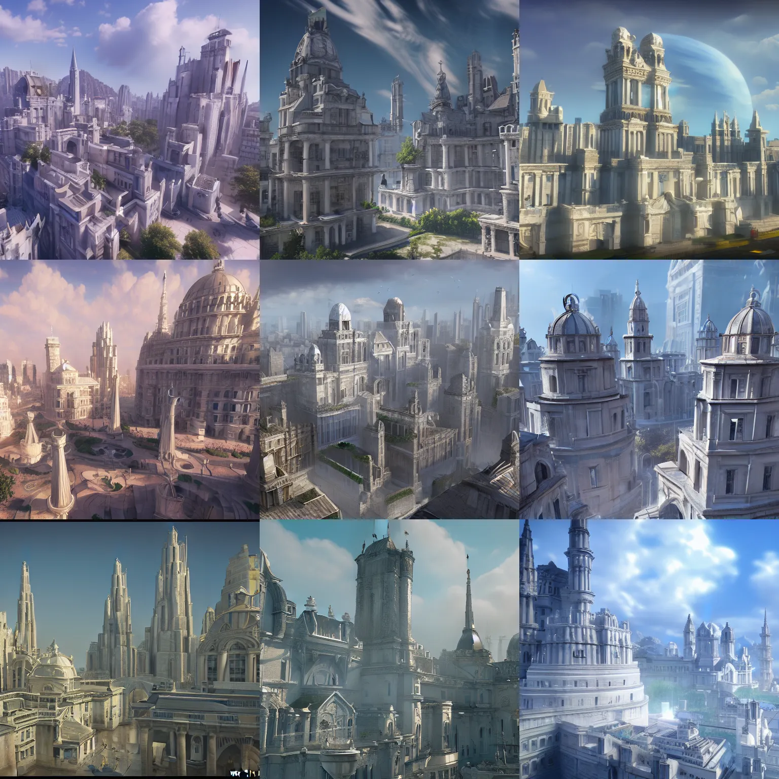 Prompt: fantasy city, white marble buildings, high towers, landscape mode, artstation, anime, high realism, 8k, unreal engine