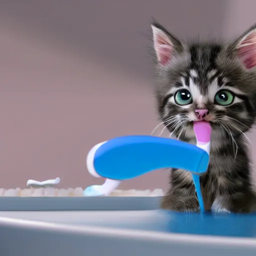 Prompt: a kitten character brushing teeth with a toothbrush and toothpaste, still from the movie pets, pixar render, dreamworks, movie poster disney