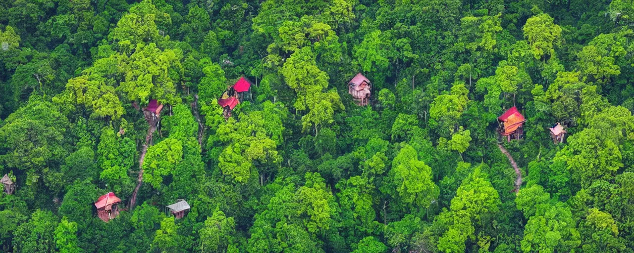 Prompt: A village of wooden tree houses surrounded by beautiful jungle, bold colours, aerial view, cartographic