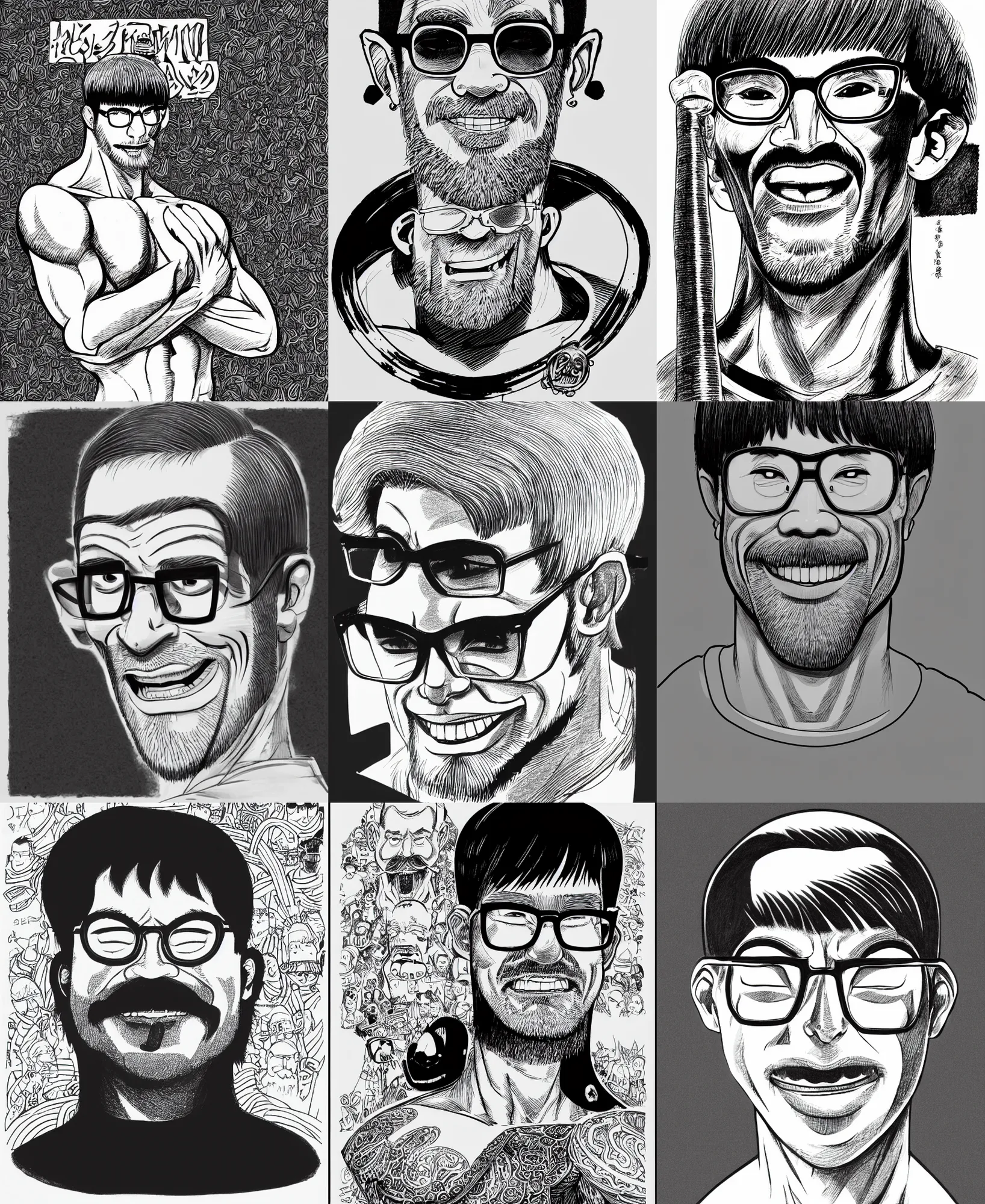 Prompt: hightly detailed ink line drawing of a buff smiling man with long stubble, muscular neck, rectangular square shaped glasses and a black bowl cut, wearing a black tshirt, b & w clean shaped illustration by kim jung gi, ric estrada, ron english and eiichiro oda