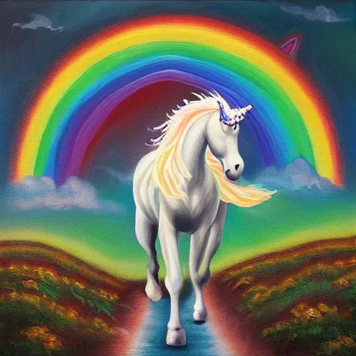 Prompt: unicorn walking on a rainbow, in the style of caravagio, oil painting