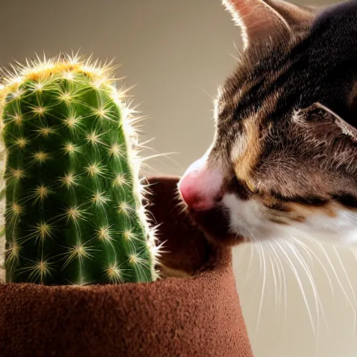 Prompt: A real photograph of a cat licking a cactus, close view, studio lighting, DSLR