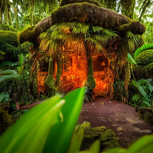 Prompt: a jungle temple surrounded by moss and tropical flowers, with a sunset, by alex horley, bokeh photography, flowerpunk