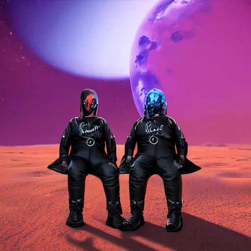 Image similar to photo of an two overweight depressed teenagers with emo haircuts wearing gothy purple and black latex suits, sitting next to smashed burning spacecraft wreckage, on the orange surface of mars, Trending on artstation, octane render, cinematic lighting, hyper realism, photorealistic, octane render, 8k, depth of field, 3D