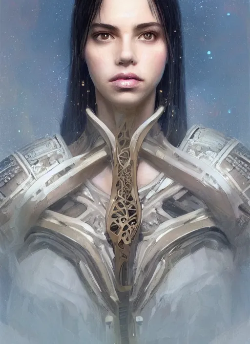 Image similar to a professional portrait of a beautiful young female, clothed in electroluminescent armor, olive skin, long dark hair, beautiful bone structure, symmetrical facial features, intricate, elegant, digital painting, concept art, smooth, sharp focus, finely detailed, illustration, from Valerian and the City of a Thousand Planets, by Ruan Jia and Mandy Jurgens and Artgerm and William-Adolphe Bouguerea