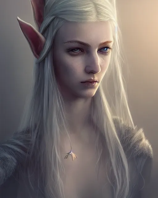 Image similar to portrait of a beautiful female elf with shimmering hair, symmetrical face and eyes, cgsociety, Elden Ring, Dark Souls, Bloodborne