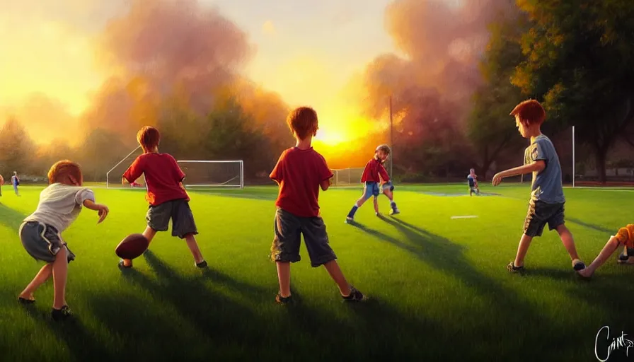 Image similar to beautiful painting of backyard football field with a pair of playing children during sunset, wide shot, digital painting, intricate details, trending on artstation, concept art, octane render, realistic, highly detailed, smooth, sharp focus, beautiful, 4 k, 8 k, hd, art by charlie bowater and artgerm and greg rutkowski