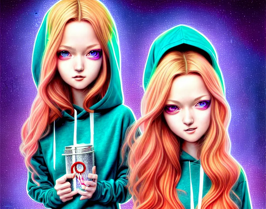 Prompt: richly detailed colored pencil 3D illustration of a beautiful polish girl with long metallic hair wearing a hoodie and short shorts, she is evil and happy. mirrored background with completely rendered reflections, art by Range Murata and Artgerm.