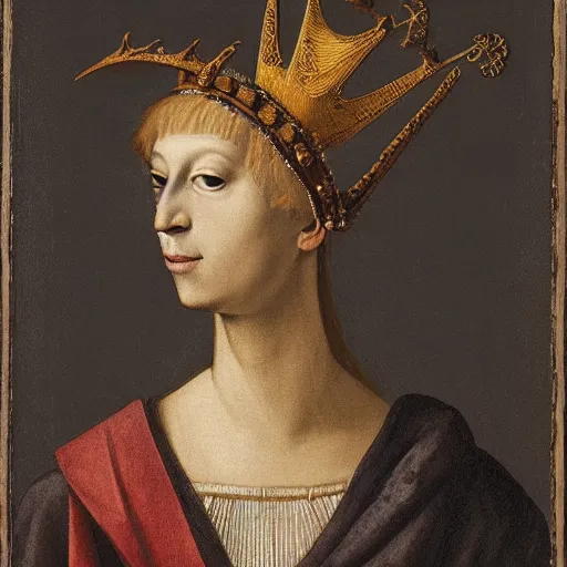 Prompt: renaissance style portrait of a chamois wearing a crown and a cape, dark background