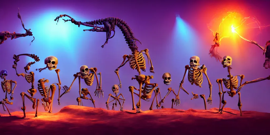 Image similar to skeletons, they are in front of a desk working on a new dark spell that is casting out flowing energy, colorful, flowing energy, light rays, medium shot, waist up, sharp, concept art, highly detailed, bloom, dramatic lighting, cinematic, by dreamworks