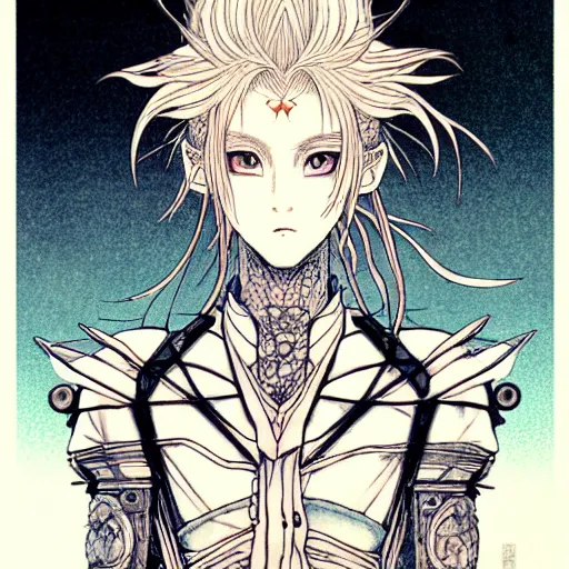 Prompt: prompt: Fragile looking character soft light portrait face drawn by Takato Yamamoto, modernistic looking armor with wild hairstyle, tattooed face, inspired by Sailor Moon anime, alchemical objects on the side, soft light, intricate detail, intricate ink and gouache painting detail, manga and anime 1990 high detail, manga and anime 2010