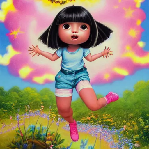 Prompt: portrait of real girl dora the explorer jumping happily,painted by mathias adolfson and mark ryden and hikari shimoda, lowbrow pop surrealism