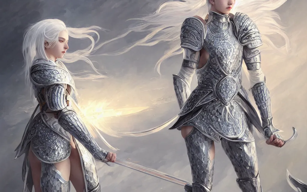 Image similar to white hair knights of zodiac girl, sliver ice color reflected armor, taekwondo vs fighting in ruined agora of athens sunrise, ssci - fi and fantasy, intricate and very very beautiful and elegant, highly detailed, digital painting, artstation, concept art, smooth and sharp focus, illustration, art by tian zi and wlop and alphonse mucha