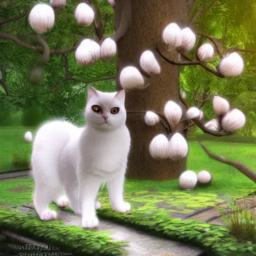 Image similar to cute cat with white magnolia trees inspired by Ferdinand Knab, artstation, 8k, photorealism