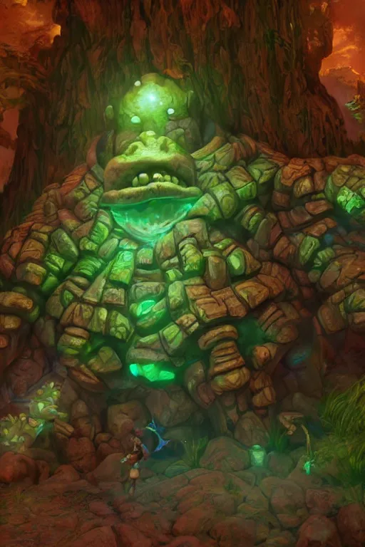 Image similar to zelda fantasy art giant golem troll wood rock greeble gemstone, global illumination ray tracing hdr fanart arstation by sung choi and eric pfeiffer and gabriel garza and casper konefal