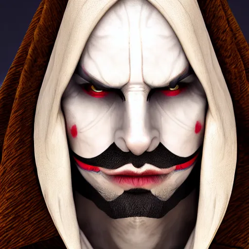 Prompt: a digital art close up portrait of hooded bard in style of d & d character, handsome warlock character sheet, light clown makeup, 4 k, ultra detail, volumetric lighting, unreal engine, octane render, grimdark