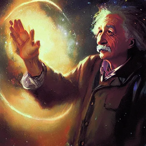 Prompt: Portrait painting of Einstein traveling with a time machine by his hands by greg rutkowski and Craig Mullins