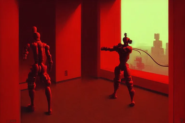 Image similar to only with red, a red cyborg samurai, tokio futuristic in background, some evil yokai fight, in the style of beksinski, parts by edward hopper, parts by rodcenko, parts by yue minjun, intricate and epic composition, red by caravaggio, insanely quality, highly detailed, masterpiece, red light, artstation, 4 k