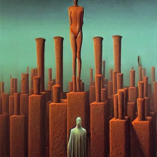 Image similar to highly detailed dystopian surreal painting of eerie statues and buildings by zdzisław beksinski