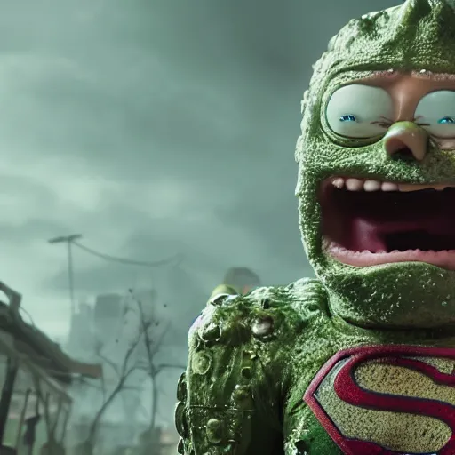 Image similar to pickle rick is flying as superman flying in ( gears of war ), splash art, movie still, detailed face, photorealistic facial features, cinematic lighting, dramatic, octane render, long lens, shallow depth of field, bokeh, anamorphic lens flare, 8 k, hyper detailed, 3 5 mm film grain