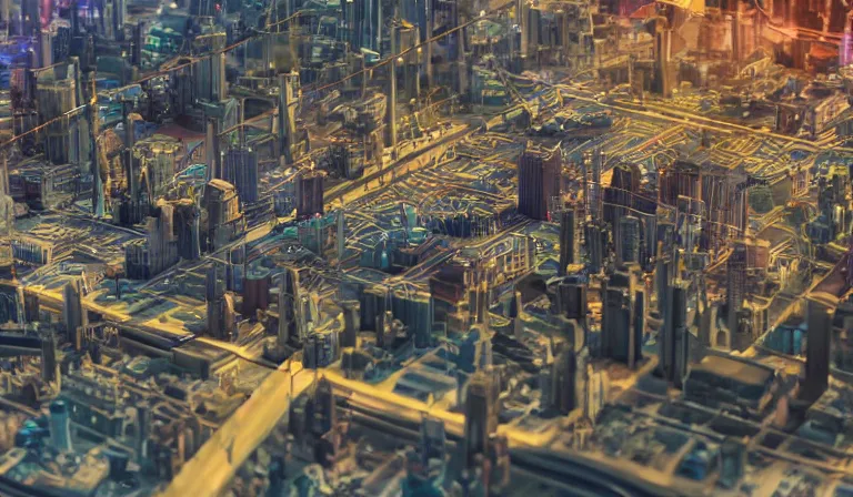 Image similar to large group people in open warehouse, looking at hologram of futuristic city on a table, cinematic concept art, godrays, golden hour, natural sunlight, 4 k, clear details, tabletop model buildings, center model buildings, hologram center, crane shot, crane shot, crane shot