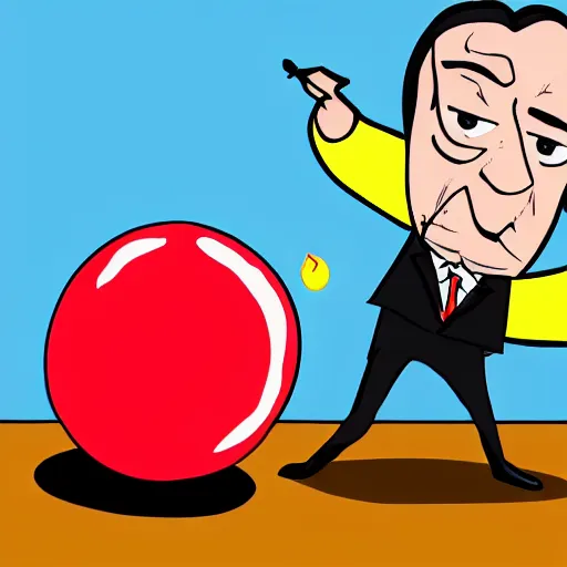 Prompt: saul goodman throwing dart at red ballon, cartoon drawing