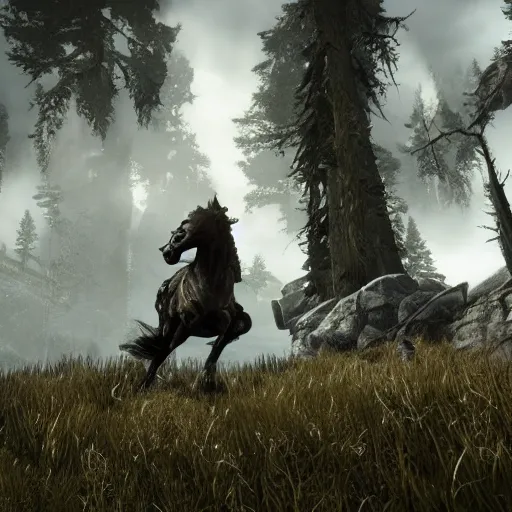 Image similar to screenshot of a player performing the horse tilt glitch in skyrim