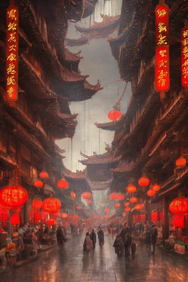 Image similar to epic scenery of a shopping street in the Chinese imperial city, intricate, elegant, volumetric lighting, digital painting, highly detailed, artstation, sharp focus, illustration, concept art, ruan jia, steve mccurry