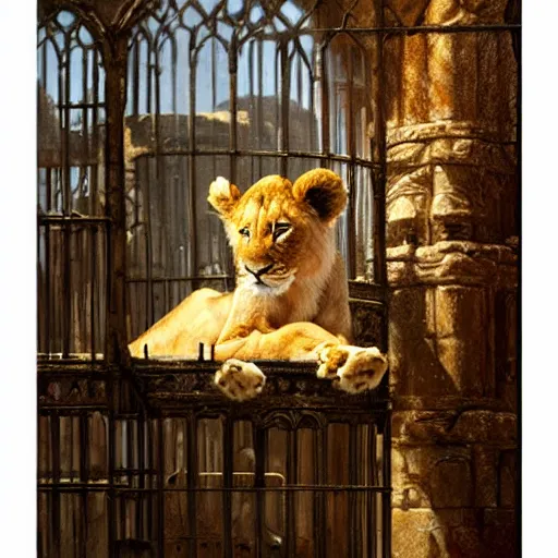 Prompt: adorable lion cub in a cage on a medieval fantasy market, oil painting, by greg rutkowski