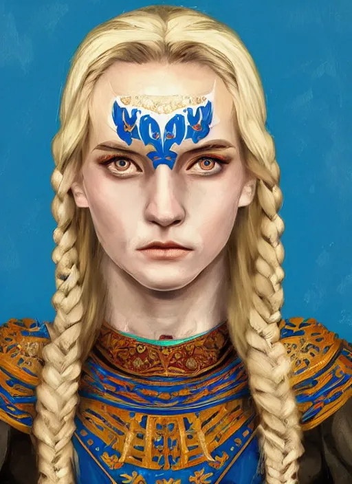 Prompt: full - body portrait of slavic young woman warrior in traditional slavic clothes, front, symmetrical, extremely detailed face, blue war paintings on face, beautiful face, short blonde hair, blue eyes, digital painting, true anatomy, behance frm 4 6, art by evgeny zubkov