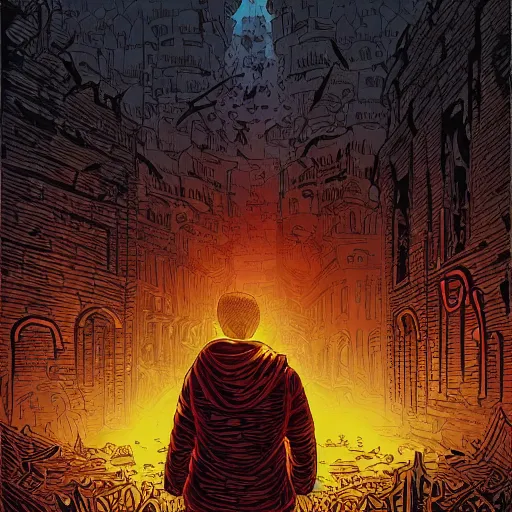 Prompt: a child with bloody red hands standing in ruins by Dan Mumford